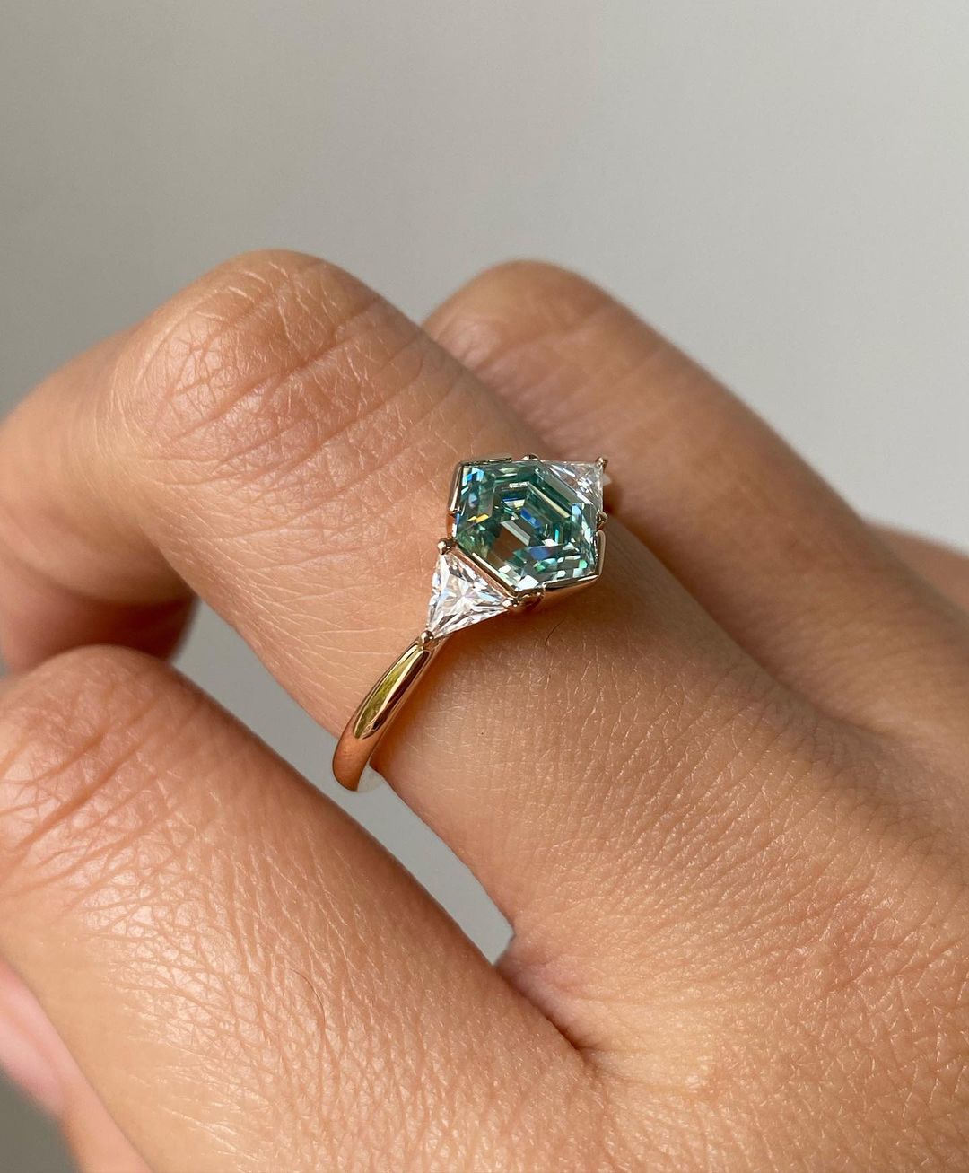 2.88Ct Green Blue Hexagon Cut Moissanite Three Stone Ring | Anniversary Gift Ring For Wife | Minimalist Ring For Women