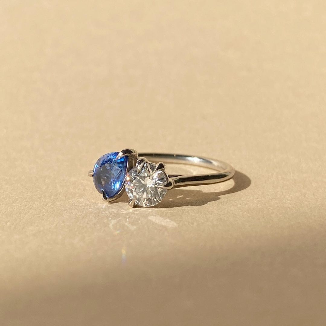 2.5CT Blue Pear White Round Cut Two Stone Ring | Anniversary Gift Ring For Wife | Toi Et Moi Ring | Awesome Ring