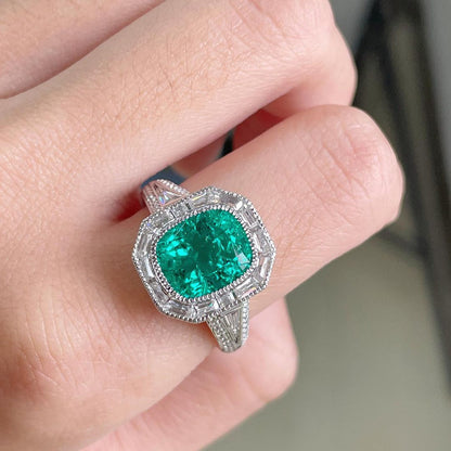 2.98Ct Green Cushion Cut Bezel With Halo Ring | Wedding Ring | Bride To Be | Bridal Jewelry