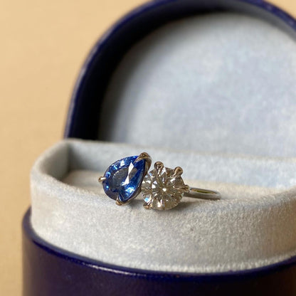 2.5CT Blue Pear White Round Cut Two Stone Ring | Anniversary Gift Ring For Wife | Toi Et Moi Ring | Awesome Ring