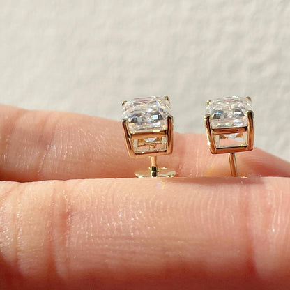 White Emerald Cut Cubic Zirconia Solitaire Stud Earring | Screw Back And Basket Set Earring | Thank You Gift Earring For Her