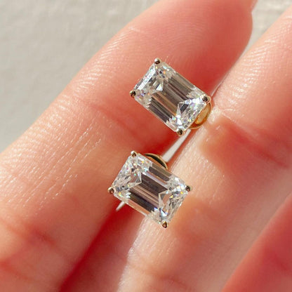 White Emerald Cut Cubic Zirconia Solitaire Stud Earring | Screw Back And Basket Set Earring | Thank You Gift Earring For Her