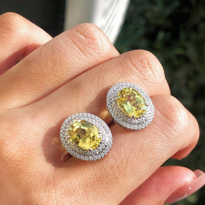 Canary Yellow Oval Cut Cubic Zirconia Double Halo Stud Earring | Bride To Be Earring | Elegant Jewelry Piece Earring For Women