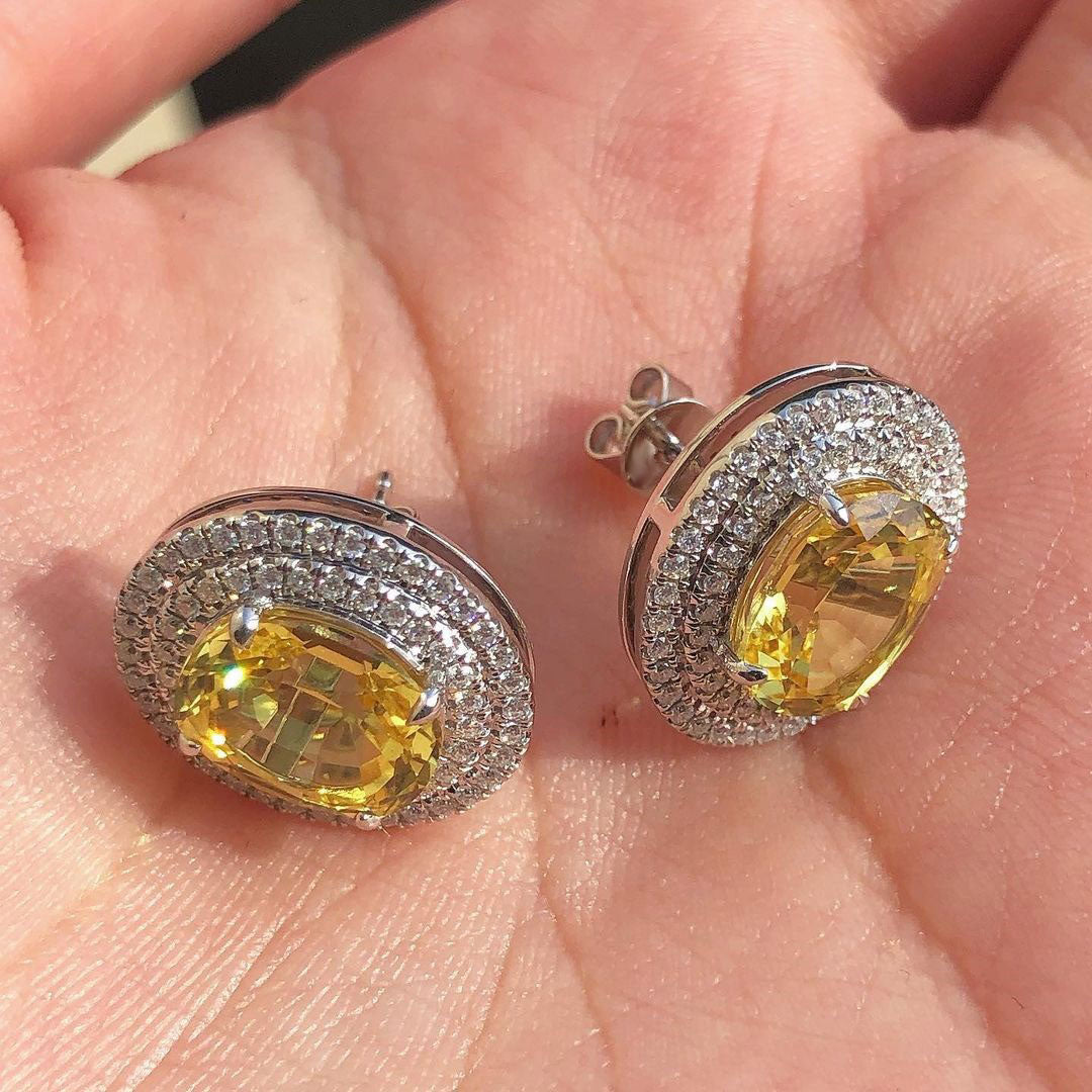 Canary Yellow Oval Cut Cubic Zirconia Double Halo Stud Earring | Bride To Be Earring | Elegant Jewelry Piece Earring For Women