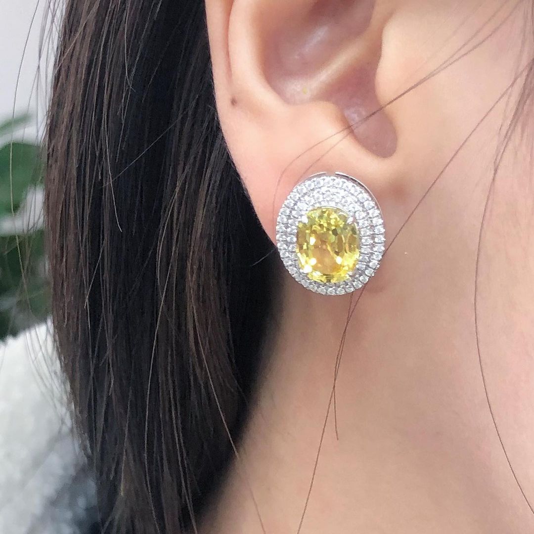 Canary Yellow Oval Cut Cubic Zirconia Double Halo Stud Earring | Bride To Be Earring | Elegant Jewelry Piece Earring For Women