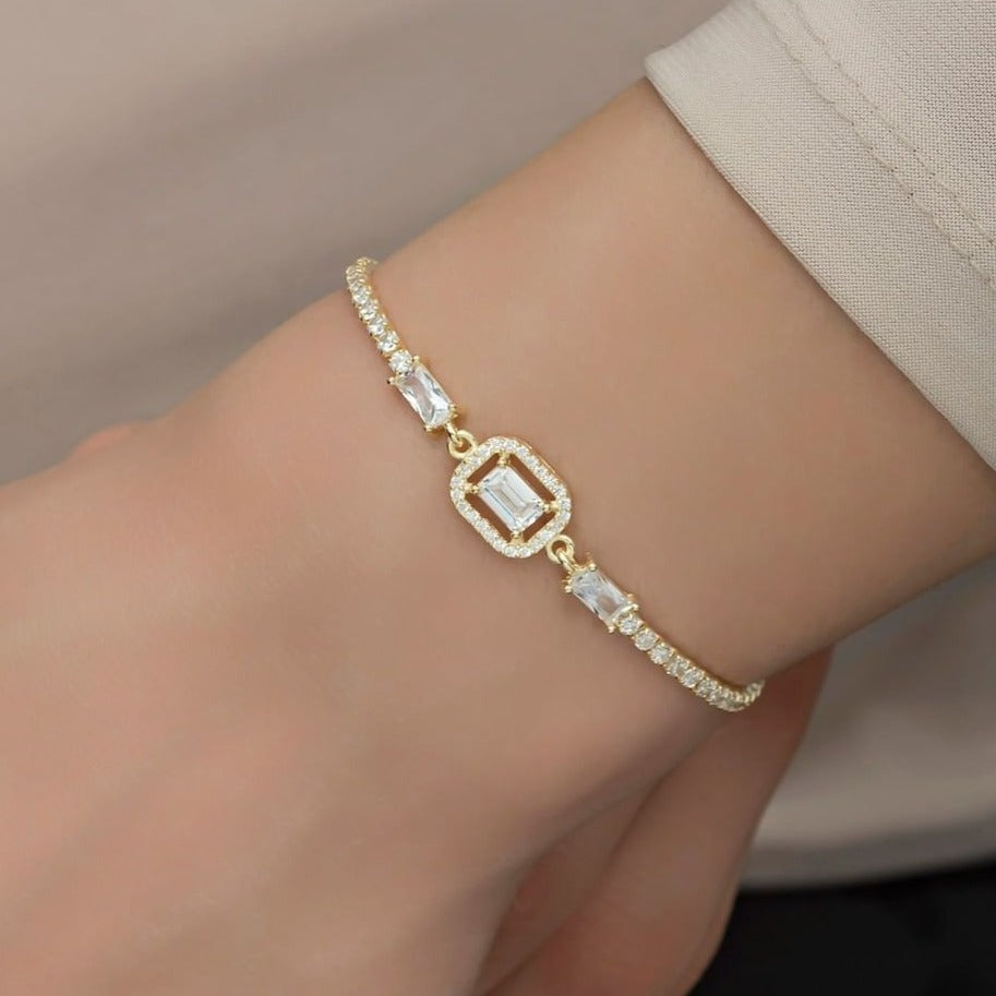 White Baguette Brilliant Cut Signity Diamond Solitaire And Three Stone Bracelet | Wedding Gift Bracelet For Bridal | Luxury Jewelry For Women