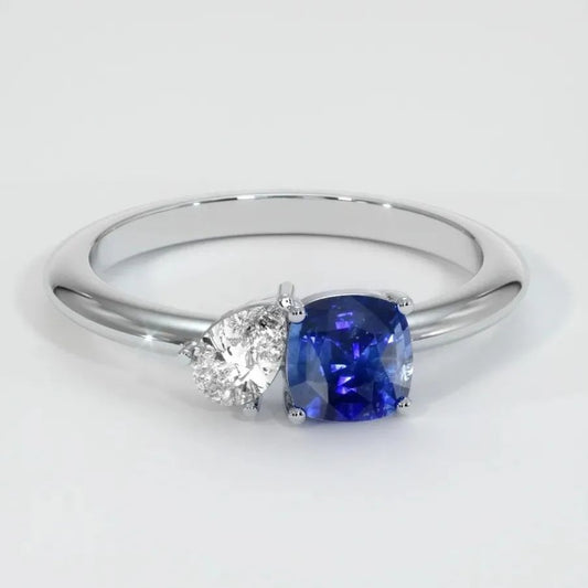 2.5Ct Blue Cushion And White Pear Cut Two Stone Ring | Birthday Gift Ring For Her | Ring For Women | Toi Et Moi Ring