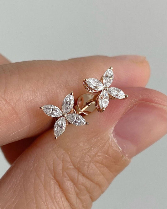 White Marquise Cut Cubic Zirconia Prong Set Stud Earrings | Simple Flower Stud Earring For Her | Four Stone Stud Earring