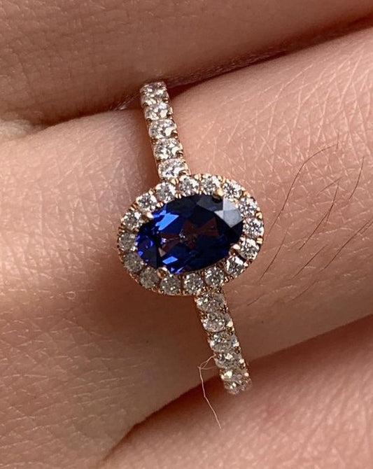 2.60Ct Blue Oval Cut Halo Ring | Birthday Gift Ring For Women | Elegant Gift Ring