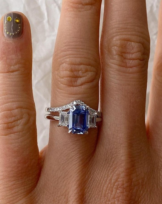 2.8Ct Blue Emerald Cut Three Stone Ring Set | Wedding Ring Set | Bridal Ring Set | Gift For Her