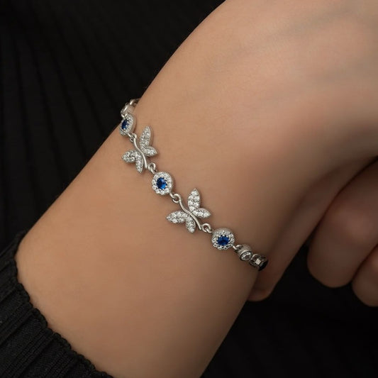 Blue Round Halo And Butterfly Pave Brilliant Cut Signity Diamond Bracelet For Women | Birthday Gift For Her | Fashion Jewelry