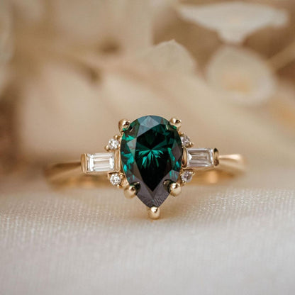 2.6Ct Green Pear Cut Three Stone Ring | Wedding Ring | Bridal Jewelry | Fancy Ring