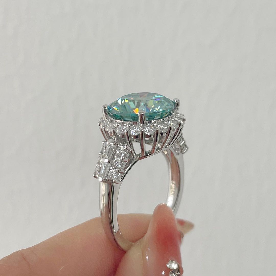 3.20Ct Green Blue Round Cut Moissanite Halo Ring | Party Wear Ring | Wedding Ring | Bride To Be | Gorgeous Ring