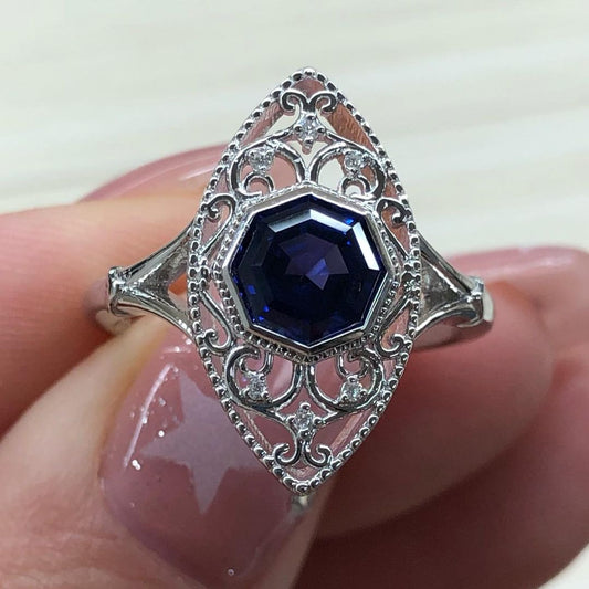 Vintage 2.77Ct Blue Octagon Cut Bezel Ring | Party Wear Ring For Her | Women Jewelry | Birthstone Ring