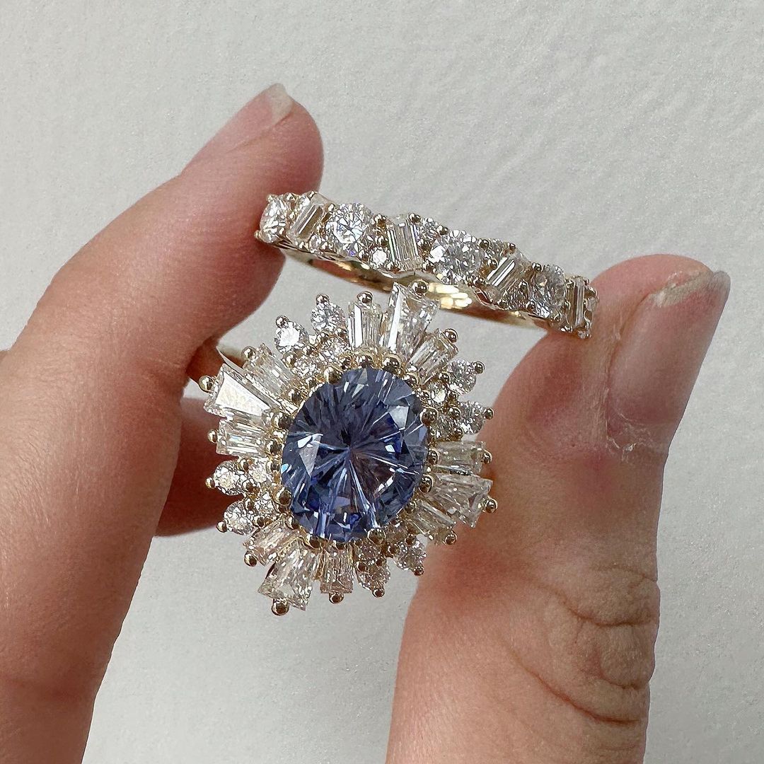 3.10Ct Blue Oval Cut Halo Ring Set | Party Wear Ring Set | Luxury Jewelry For Women | Ice Crushed Ring Set