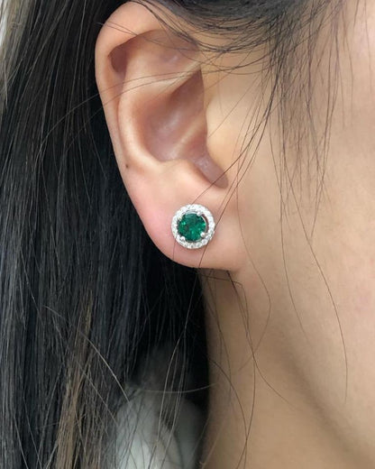 Green Round Cut Cubic Zirconia Halo Stud Earring For Her | Anniversary Gift Stud Earring For Wife | Ladies Stud Earring