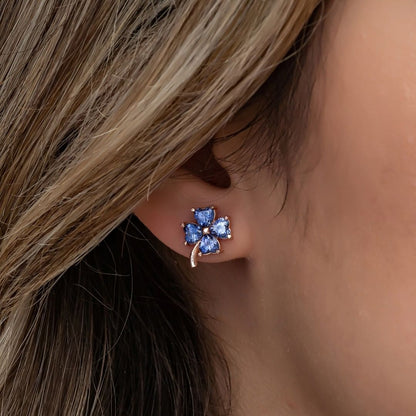 Clover Shape Blue Heart Cut Cubic Zirconia Prong Earrings For Her | Four Leaf Clover Earring For Women | Bridesmaid And Cut Earring