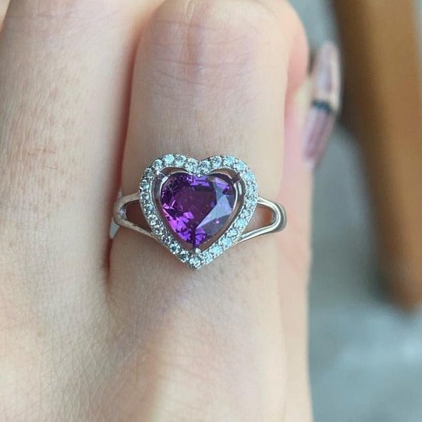 2.55Ct Amethyst Color Heart Cut Halo Ring | Split Shank Ring | Proposal Ring For Girlfriend