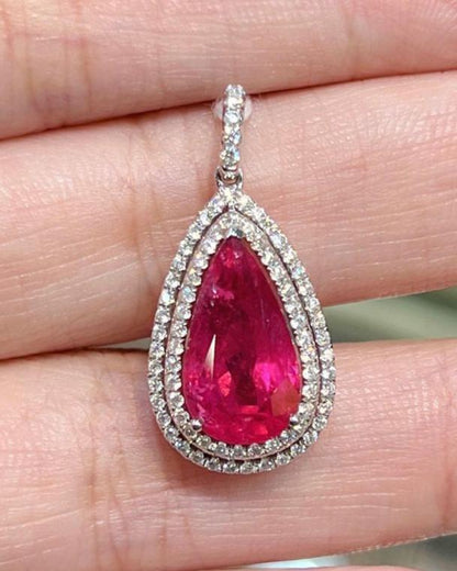 3.50Ct Red Pear Cut Double Halo Pendant | Party Wear Pendant For Women | Minimalist Pendant | Bridal Jewelry | Timeless Design