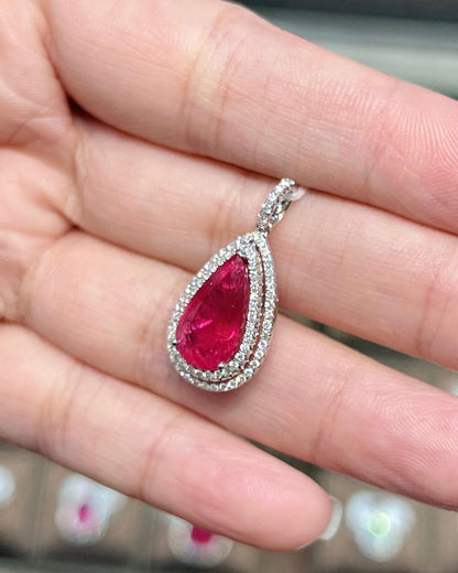 3.50Ct Red Pear Cut Double Halo Pendant | Party Wear Pendant For Women | Minimalist Pendant | Bridal Jewelry | Timeless Design