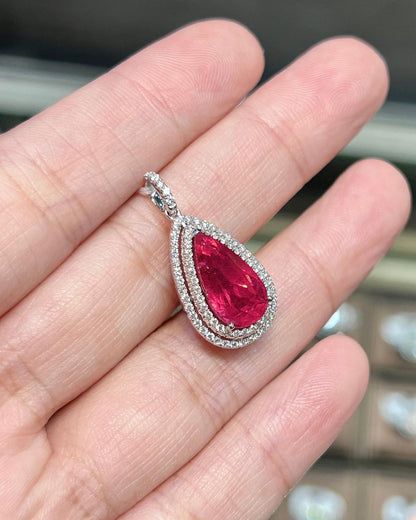 3.50Ct Red Pear Cut Double Halo Pendant | Party Wear Pendant For Women | Minimalist Pendant | Bridal Jewelry | Timeless Design