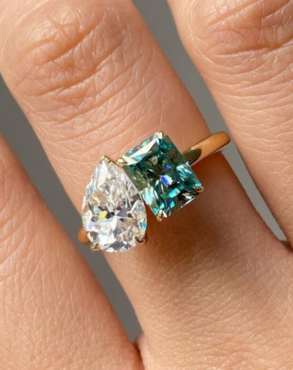 3.20Ct White Pear And Green Blue Radiant Cut Two Stone Ring | Toi Et Moi Ring | Wedding Ring For Bridal