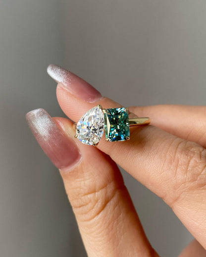 3.20Ct White Pear And Green Blue Radiant Cut Two Stone Ring | Toi Et Moi Ring | Wedding Ring For Bridal