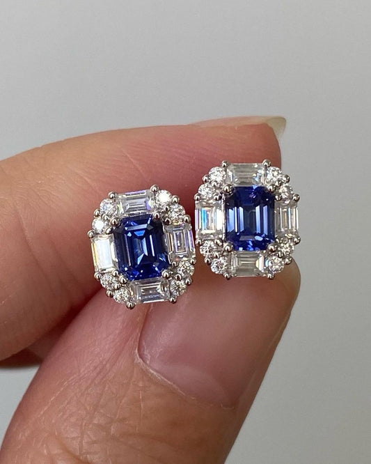 Blue Emerald Cut Cubic Zirconia Halo Stud Earring | Push Back And Elegance Design Earring For Women | Anniversary Gift Earring For Wife | Gift For Love