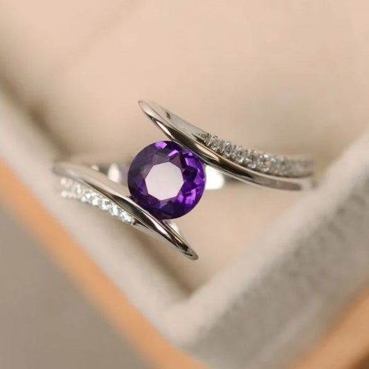 2.5Ct Amethyst Round Cut Tension Ring | Birthstone Ring For Her | Daily Wear Ring | Women Jewelry