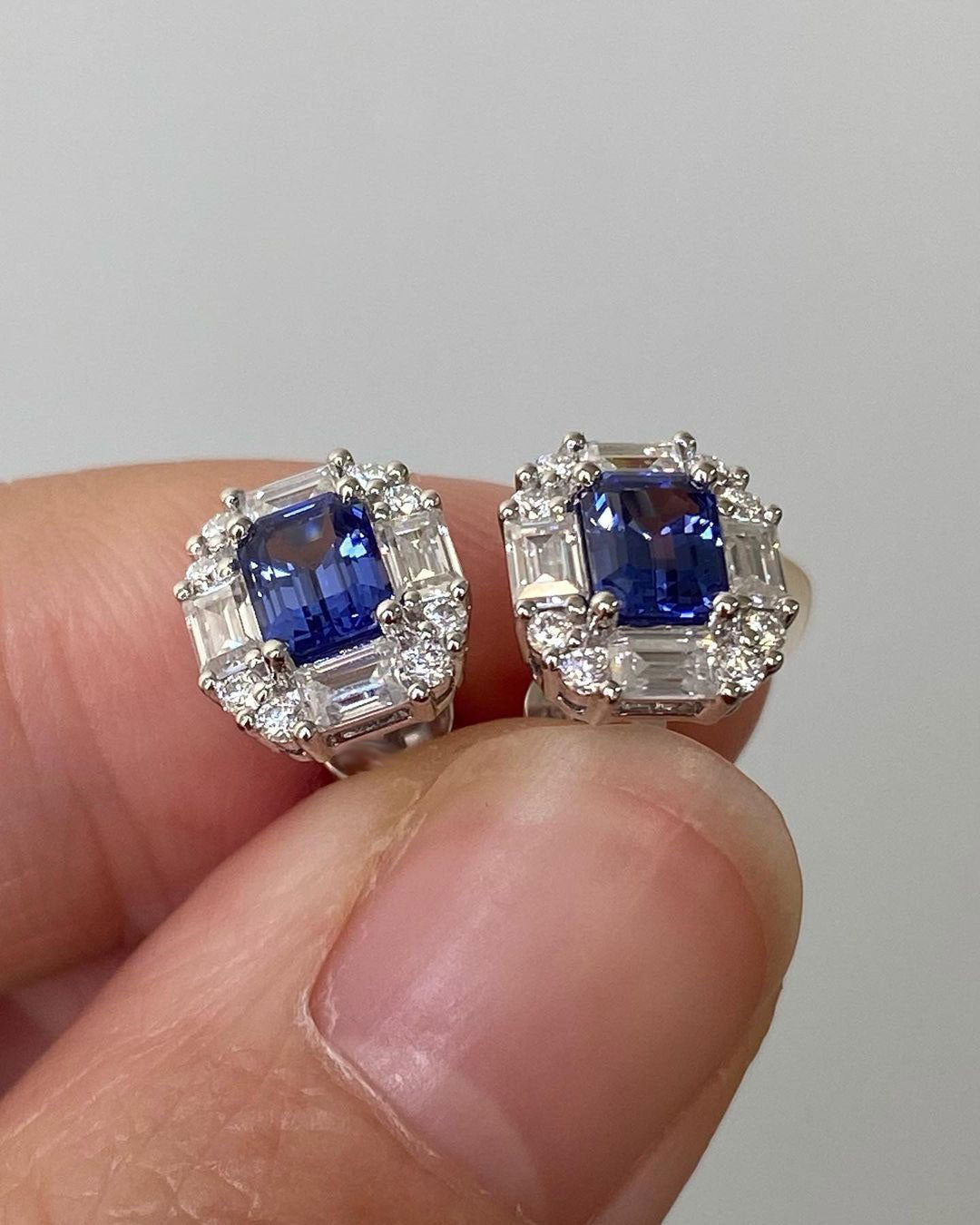 Blue Emerald Cut Cubic Zirconia Halo Stud Earring | Push Back And Elegance Design Earring For Women | Anniversary Gift Earring For Wife | Gift For Love