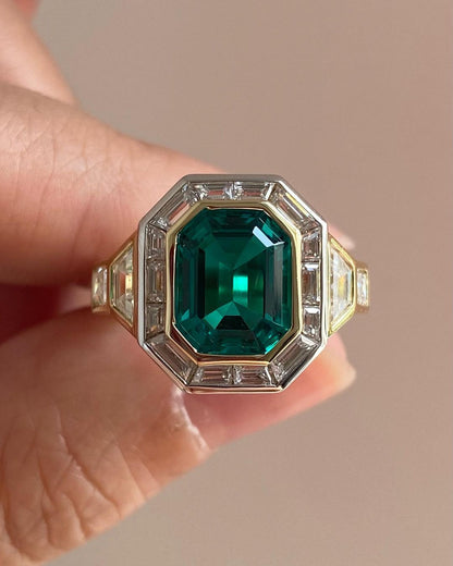 3.20Ct Green Hexagon Cut Bezel With Halo Ring | Party Wear Ring | Designer Ring | Delicate Solo Diamond Ring