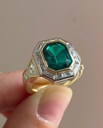 3.20Ct Green Hexagon Cut Bezel With Halo Ring | Party Wear Ring | Designer Ring | Delicate Solo Diamond Ring