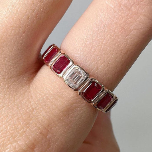 3.30Ct White And Red Emerald Cut Bezel With Full Eternity Band Ring | Wedding Band Ring | Bridal Jewelry Collection