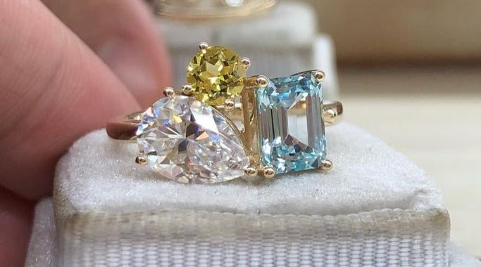 3.30Ct White Pear / Yellow Round And Aquamarine Emerald Cut Three Stone Ring | Party Wear Ring For Women | Ice Crushed Ring