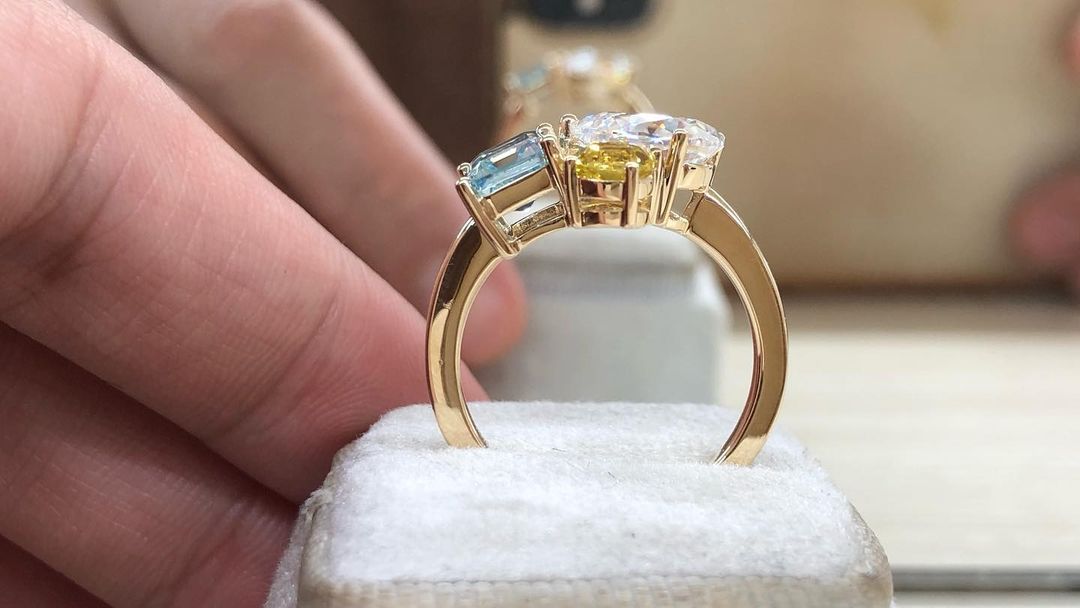 3.30Ct White Pear / Yellow Round And Aquamarine Emerald Cut Three Stone Ring | Party Wear Ring For Women | Ice Crushed Ring