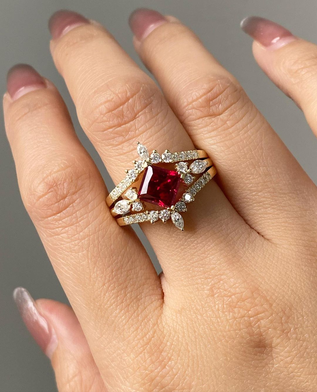 2.60Ct Red Princess Cut Solitaire Ring Set | Wedding Ring Set | Bridal Jewelry | Minimalist Ring Set