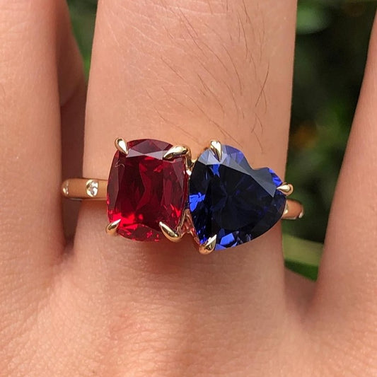 3.20Ct Blue Heart And Red Cushion Cut Two Stone Ring | Toi Et Moi Ring | Engagement Ring For Fiancée