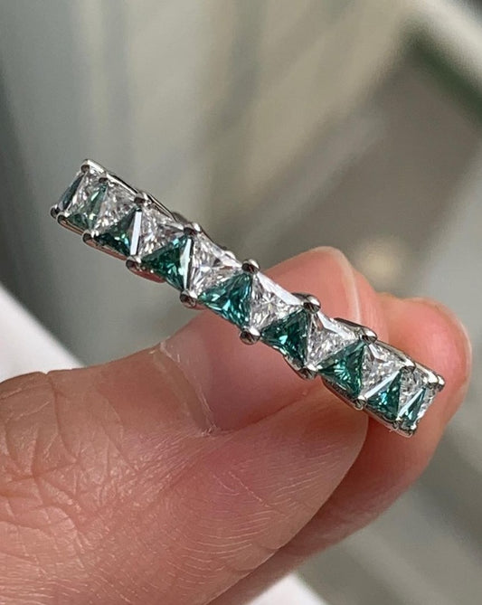 3.50Ct Green Blue Triangle Cut Moissanite Full Eternity Band Ring | Wedding Ring For Bridal | Bride To Be | Luxury Jewelry For Women