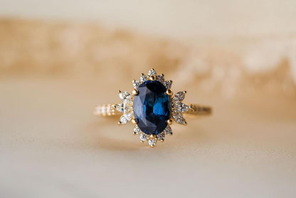 3.1Ct Blue Oval Cut Cluster Halo Ring | Party Wear Ring For Women | Fashion Jewelry | Modern Bridal Ring