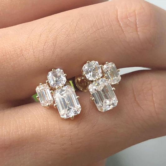 White Emerald And Asscher Cut Cubic Zirconia Three Stone Stud Earring | Engagement Bride Gift Earring | Stylish Stud Earring