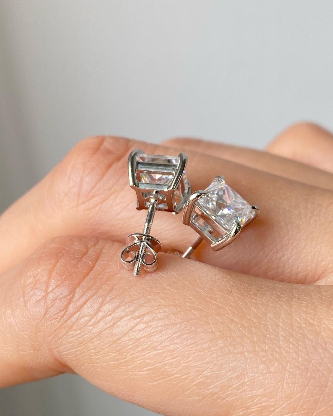 White Princess Cut Cubic Zirconia Solitaire Stud Earrings For Her | Engagement Promise Gift Earring For Fiancee | Screw Back And Basket Set Stud Earring