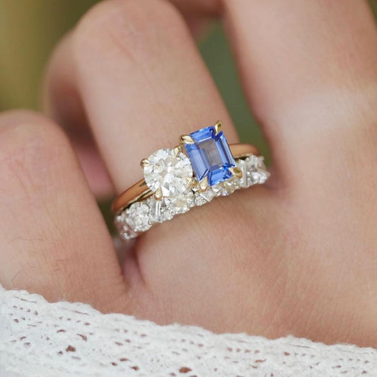 2.5CT White Round And Blue Emerald Cut Two Stone Ring Set | Anniversary Gift Ring Set For Wife | Toi Et Moi Ring Set | Designer Ring Set