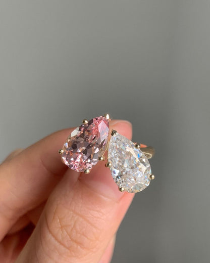 3.20Ct White And Light Pink Pear Cut Two Stone Ring | Toi Et Moi Ring | Engagement Ring