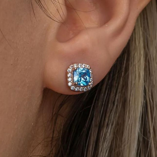 Blue Cushion Cut Cubic Zirconia Halo Stud Earring | Push Back Stud Earring For Women | Bridal Wedding Gift Earring