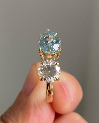 2.88Ct White Round And Aquamarine Color Pear Cut Two Stone Ring | Toi Et Moi Ring For Her | Engagement Ring For Women