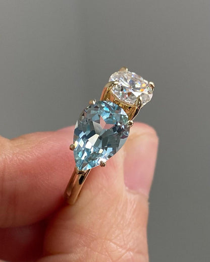 2.88Ct White Round And Aquamarine Color Pear Cut Two Stone Ring | Toi Et Moi Ring For Her | Engagement Ring For Women