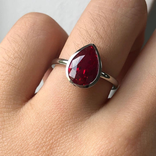 2.70Ct Red Pear Cut Bezel Ring | Daily Wear Ring For Women | Birth Stone Ring | Simple Ring | Classic Ring