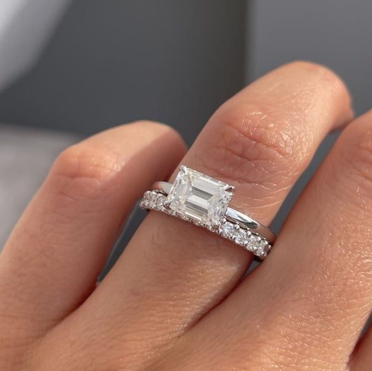 2.4Ct White Emerald Cut Solitaire Ring Set | Engagement Ring Set | Forever One Ring Set | Bridal Jewelry