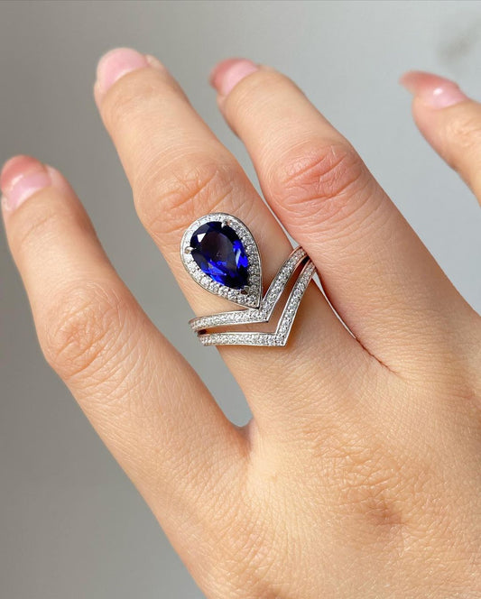 2.85Ct Blue Pear Cut Halo Ring Set | Birthday Gift Ring Set | Customize Ring Set For Women