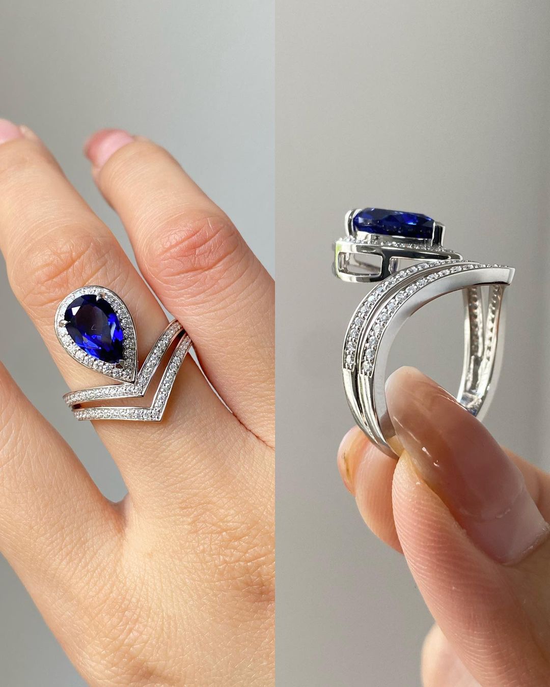 2.85Ct Blue Pear Cut Halo Ring Set | Birthday Gift Ring Set | Customize Ring Set For Women